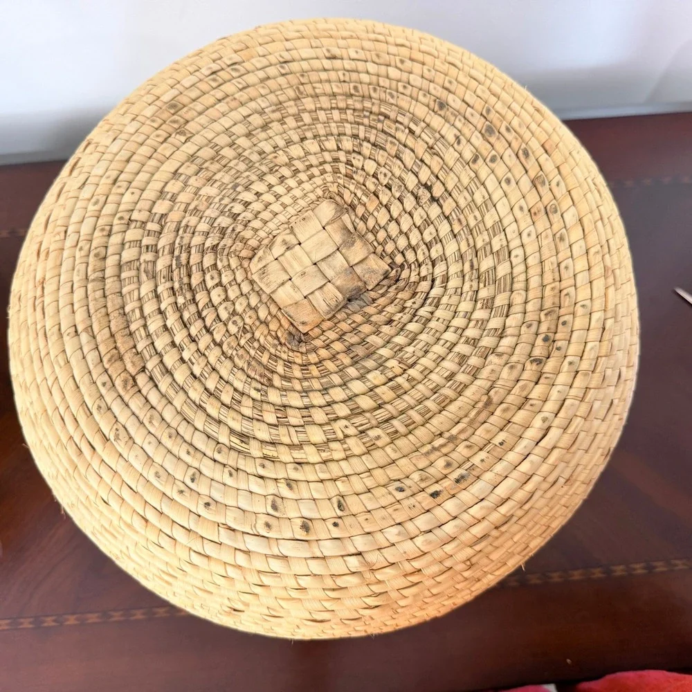 Vintage Handwoven Coil Basket Large Tan Brown Boho Decor Folk Art Size 11in Wide